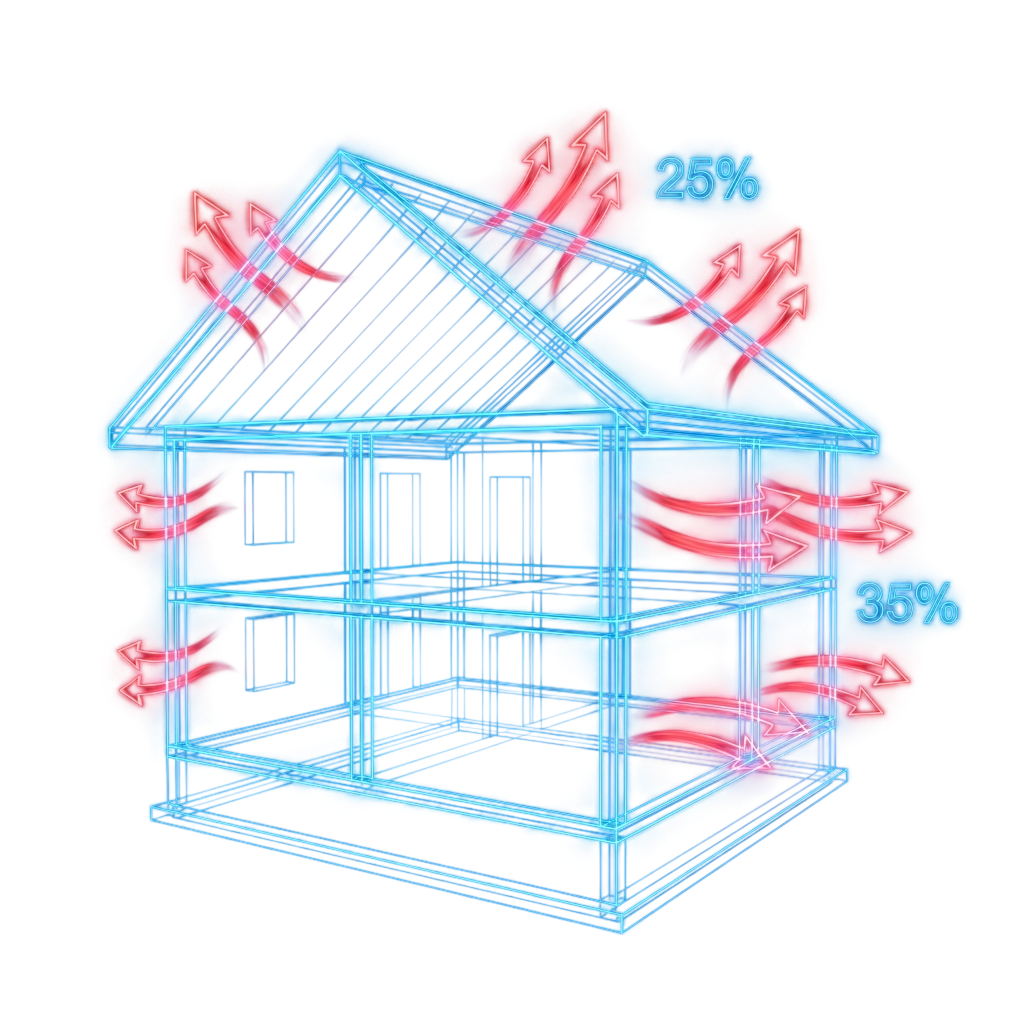 Bina Isı Kaybı Analizi Şeması: Çatı %25, Duvar %35